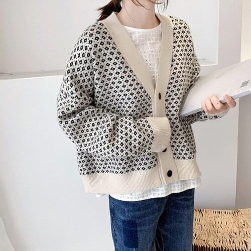 2021 Autumn Women Cardigan Geometric Sweater Drop Shoulder Long Sleeve V Neck Single Breasted Flowers Printed Knitwear Outwear