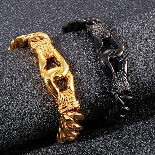 Granny Chic Gold Black 316L Stainless Steel Pharaoh Vintage Style Bracelet Bangle Jewelry Gift 12mm 22cm
