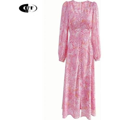 Designer Beach Pink Midi Dress Fashion Autumn Long Sleeve V-neck Plus Size Elegant Traf Holiday Zevity Women Dresses Femme Robes