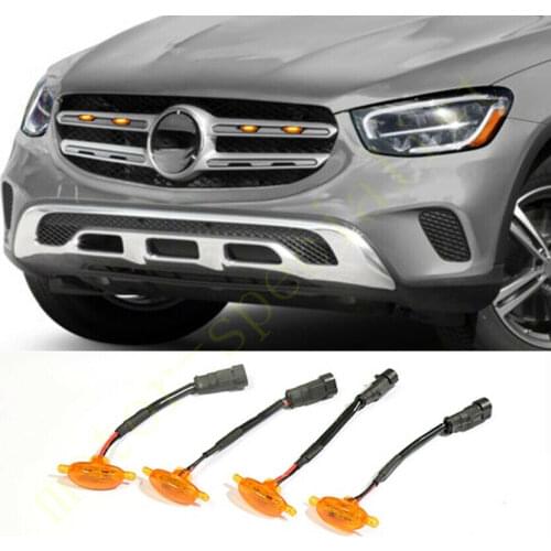 4pcs LED Car Front Grille LED Amber Light Raptor Style Light Kit Decor W/ Wire Speed For Benz GLC350e 2018-2021