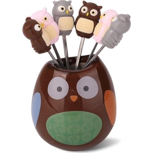6 PCS A Set Mini Stainless Steel Cartoon Owl Fruit Animal Food Forks Small Pick Fourchette For Kids Party Decoration Accessories