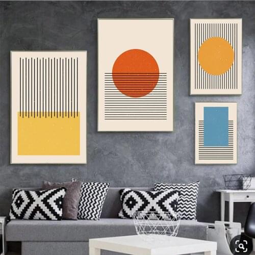 Abstract Yellow Blue Orange Geometric Shapes Poster Black Line Canvas Painting Wall Art Picture Living Room Home Interior Decor