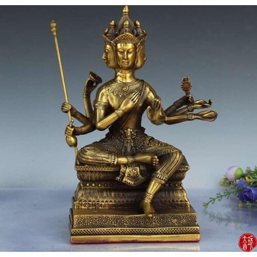 Antique Old QingDynasty Tibet Four faces&eight Arm Brass Buddha Statue Brahma Buddha Statue Decoration Decorations