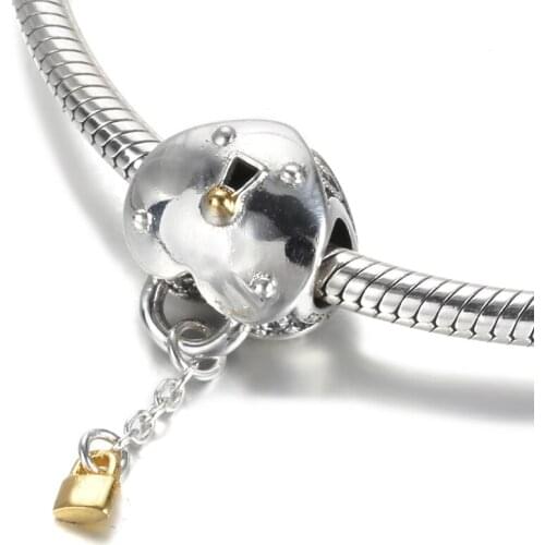 Authentic S925 Silver Bead DIY Jewelry Two-Tone Heart & Lock Charm fit Lady Bracelet Bangle