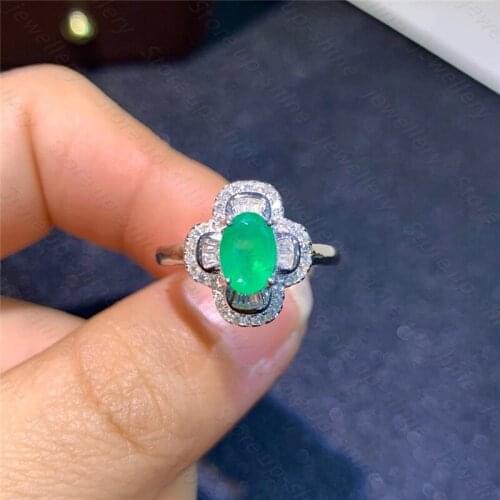 Womens new ring natural emerald ring 925 silver simple design fresh and lovely style