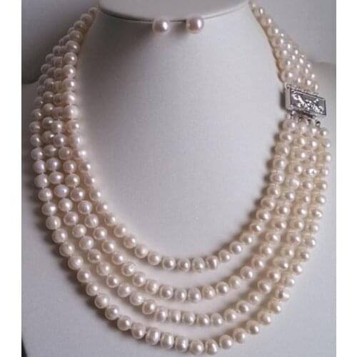 Pearl Jewelry Set 4Rows Cultured AA 7-8MM White Color Freshwater Pearl Necklace Earrings Charming Birthday Wedding Jewelry