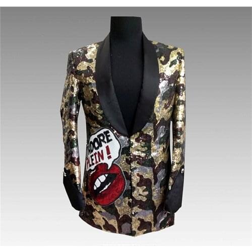 Mid-long Suit with Camouflage Sequins Punk Style Performance Costume Nightclub Dj Personality Men Stage Jacket