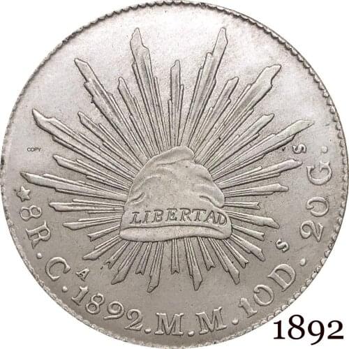 Mexico Republic Mexicana 1892 M M 8 Reales Libertad Eagle With Snake On Cactus Radiant Cap With Rays Silver Plated Copy Coins