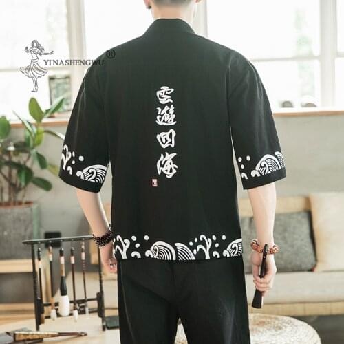 2020 Men Japanese Kimono Print Yukata Coat Summer Seven-point Sleeve Suit Linen Jacket Male Samurai Japan Haori Cardigan Costume