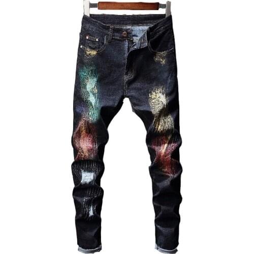 New Design Streetwear Printed Jeans Men Punk Pants Skinny Jeans Men