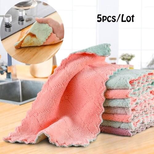 Original 5pcs Kitchen Dish Cloth Cheaper Double-layer Absorbent Microfiber Non-stick Oil Cleaning Wiping Towel Kichen Tools