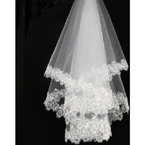 Latest Arrival White Lace Edge White Tulle Bridal Wedding Veils One Tier Beaded 120cm Bride Veils Wedding Accessory