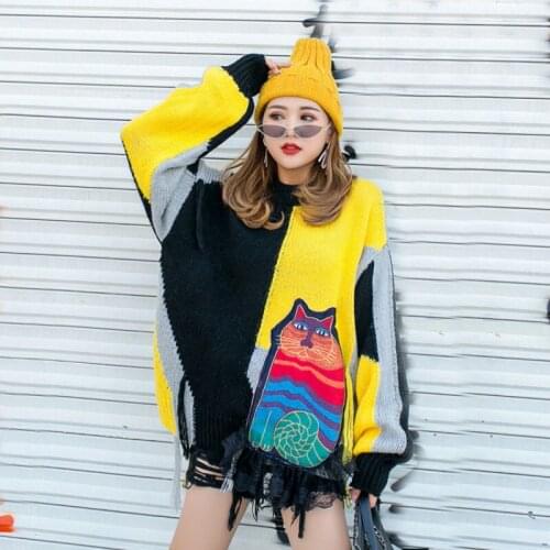 Harajuku pullover Kawaii Oversized Women Sweater Appliques Lace Casual Loose Color Block Knitted Sweaters Cute Knit Tops