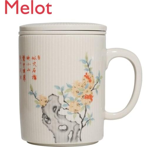 Grass and Wood Gray Vintage Ceramic Mug Filtered Tea Cup with Lid Office Tea Brewing Cup