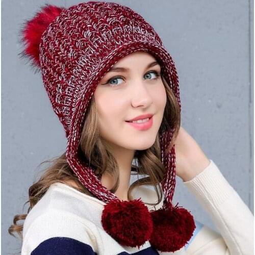 Women Winter Peruvian Beanie Hat Ski Cap Fleece Lined Ear Flaps Hats with Pompoms