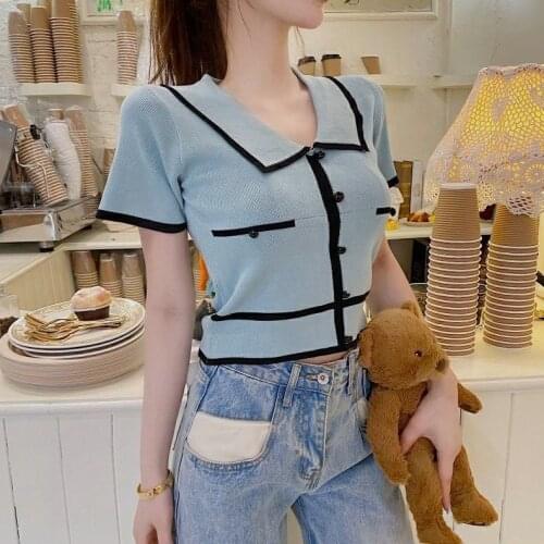 Woman TShirts Womens High Waist Sweater Summer 2021polo Lapel Short Sleeve Top Crop Top Mujer Camisetas