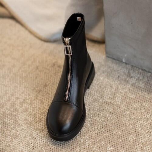 Solid Color Leather Women Boots Round Toe Ankle Boots for Women Spring/Autumn Zipper Flat Heel Shoes Woman Handmade Size 34-43