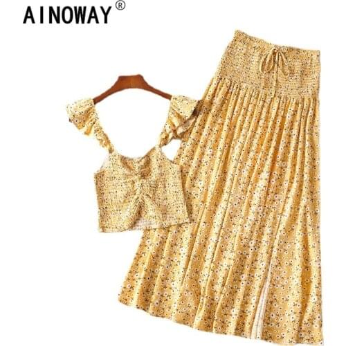 Vintage chic Women two piece outfits strap Sleeveless tops Bohemian Drawstring maxi skirts 2 pieces rayon cotton Boho sets