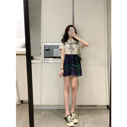 Girl Suit Female 2021 New Student Korean Version Loose Bear Short Sleeve + Plaid Skirt Two-piece Suit