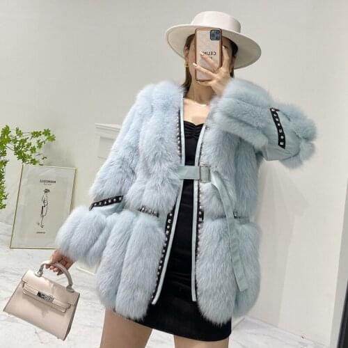 Women 2020 Winter New Fashion Real Fox Fur Coats With Genuine Sheepskin Leather Natural Fox Fur Jacket Outwear with Waist Belt