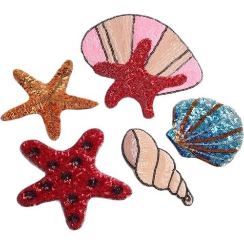 20pcs/lot Large Sequin Embroidery Patch Starfish Shell Sea Animal Shirt Backpack Clothing Decoration Iron Heat Transfer Applique