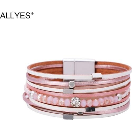 ALLYES Boho Multilayer Thin Strips Leather Bracelets for Women Fashion Shiny Crystal Beads Wrap Bracelet Bangle Female Jewelry