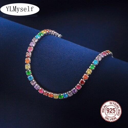 Real Silver Rainbow Bracelet 16+3cm Tennis Chain Setting Full 2.5mm Multiple Color Zircon Sweet Fine Jewelry For Girl
