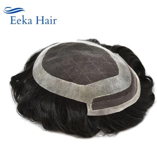 Human Hair French Lace Base Bleached Front Indian Remy Men Toupee With Poly Coating Around PU Mens Wig Hand Tied 1B# (dawn)