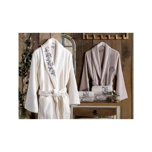 DowryWorld - Spring Embroidered Bamboo Bathrobe Set (Cream and Stone)