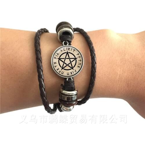 Classic Pentacle Bracelet Tree of Life Picture Glass Cabochon Jewelry Black/Brown Leather Bangle For Men Women Children Gift