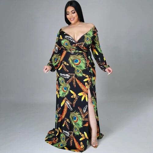 L-5XL Large Size Peacock Print Floor Length Dress Women Off The Shoulder Lantern Sleeve Club Dress Summer Side High Split Dress