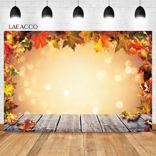 Laeacco Autumn Dreamy Polka Dots Wooden Board Golden Leaves Photocall Background Baby Customized Portrait Photography Backdrops