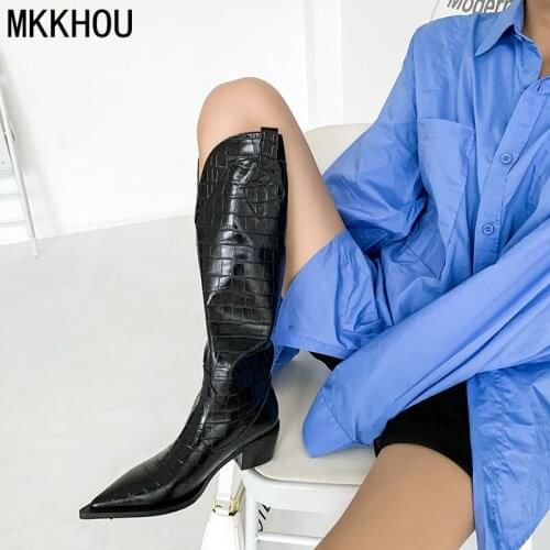 MKKHOU Fashion Knee-length Boots Womens New Winter Pointed Toe Plaid Platform Thick Heel High Heel Leather BootsWestern Boots