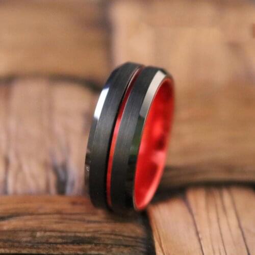Fashion 8mm Men Red Tungsten Carbide Wedding Band Ring Black Brushed With Red Groove Beveled Edge Ring Party Anniversary Gifts