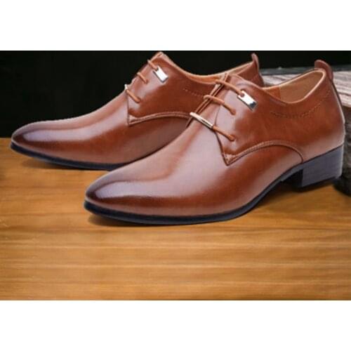 Men Leather Shoes Brown Black Lace-up Pointed Toe Shoe Men Business Dress Classic Style Flats