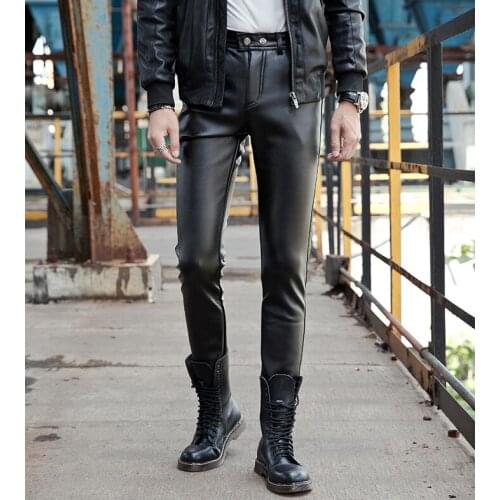 Plus velvet thick leather pants mens feet pants fashion motorcycle pu trousers for men black personality pantalon homme