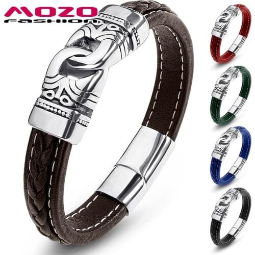 Mens Charm Bracelets Punk Jewelry Braided Leather Bangles Women Handmade Trendy Stainless Steel Clasp Wrist Band Brown