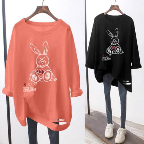 2021 New Harajuku Style Casual All-match Loose-fitting Hole Long-sleeved Mid-length T-shirt Top Clothes Graphic T Shirts