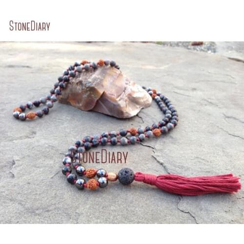 New Arrival Red Cotton Tassel Charm Black Network Jaspers Hematite Rudraksha Mix Stone 108 Beads Mala Necklace NM11054