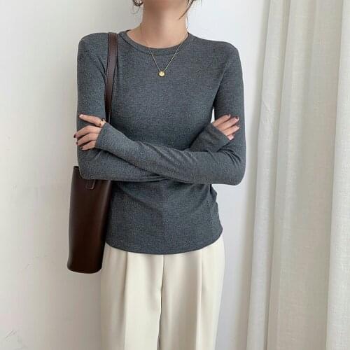 Autumn 2021 Gray Screw Thread O Neck Woman Tshirts Slim Bottoming Shirt Solid All-match Casual Women Clothes Mujer Camisetas