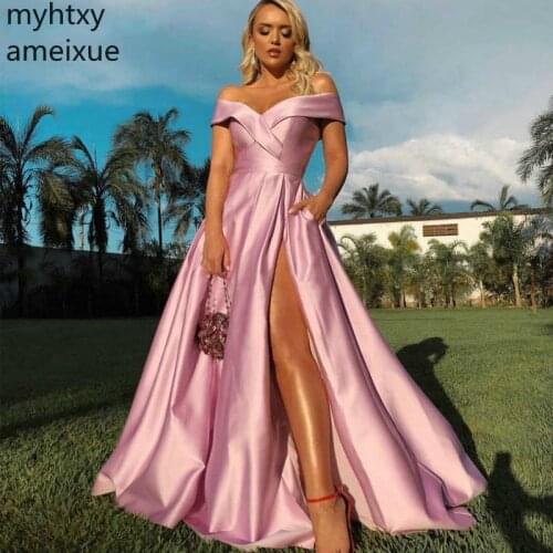 Pink Sexy Plus Size Evening Esses 2020 V-neck Sleeveless A Line With Pocket Satin Side Split Shoulder Reflective Robe De Soiree