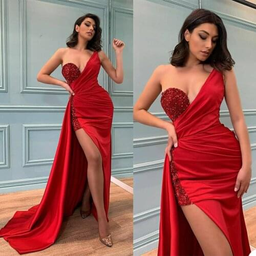 Crystal Mermaid Evening Dress Sexy One Shoulder Side Split Prom Gowns Sequins Beading Blackless Red Carpet Party Dresses