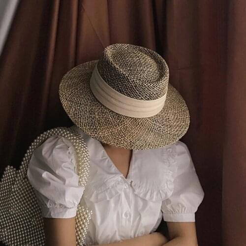 2021 New Handmade Straw Beach Hat For Women Summer hat Panama Cap Fashion Concave Flat Sun Protection Visor Hats Wholesale