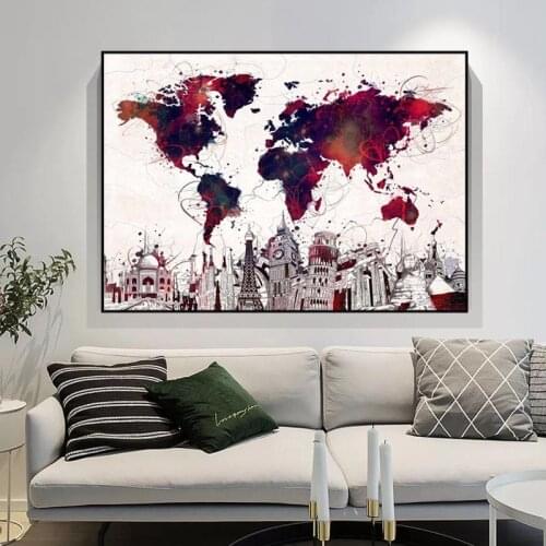 Creative Colorful The World Map Canvas Painting Abstract Modern Famous Building Posters Picture for Living Room Wall Art Decor