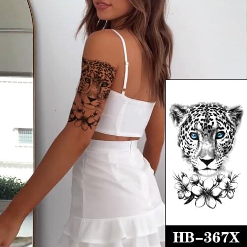Temporary Tattoo Stickers Cool Black Leopard Blue Eyes Flower Fake Tatto Waterproof Tatoos Arm Body Art Large Size for Women Men