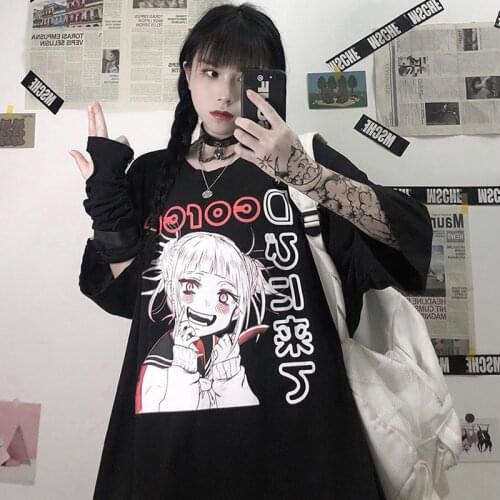 Women T-shirt Japanese Anime Print Cotton Short Sleeve Harajuku Dropshipping Vintage Loose Black Clothes Dark Punk Oversize Top