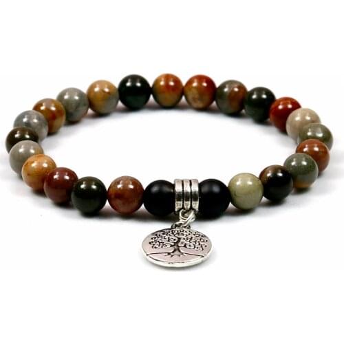 Womens Tree Life Charm Bracelets Mala Charm Wrist Natural Calming MOOKAITE Stone Beaded Bracelet with Buddha Yoga Jewelry