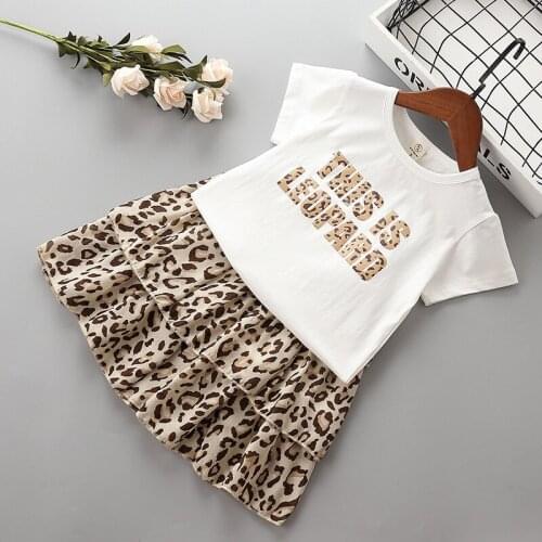 2-7 years High quality girl clothing sets 2019 new summer casual letter Leopard kid children girl clothing shirt+skirt 2pcs