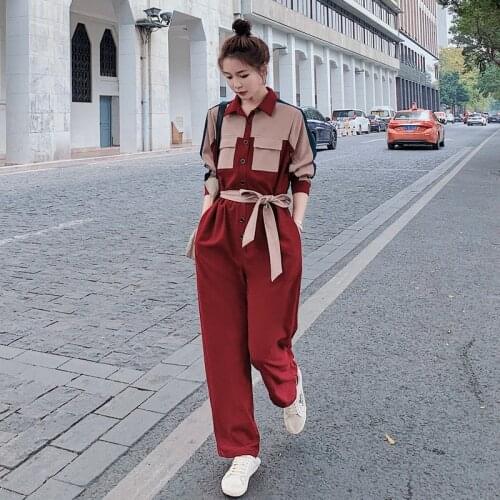 Spring Autumn Women Fashion Splice Long Sleeve Bandage Wide Leg Jumpsuit Sets Female Elegant Korean One Piece Pants Overalls
