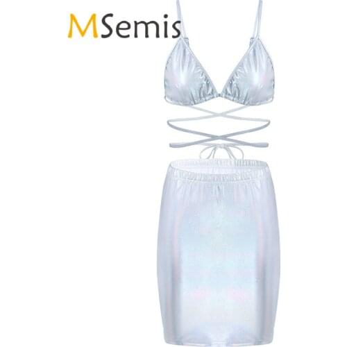 Womens Sexy Clubwear No-padded Strappy Lace-up Bra Tops with Mini Skirt Two Pieces Rave Outfit Lingerie Set for Pole Dancing
